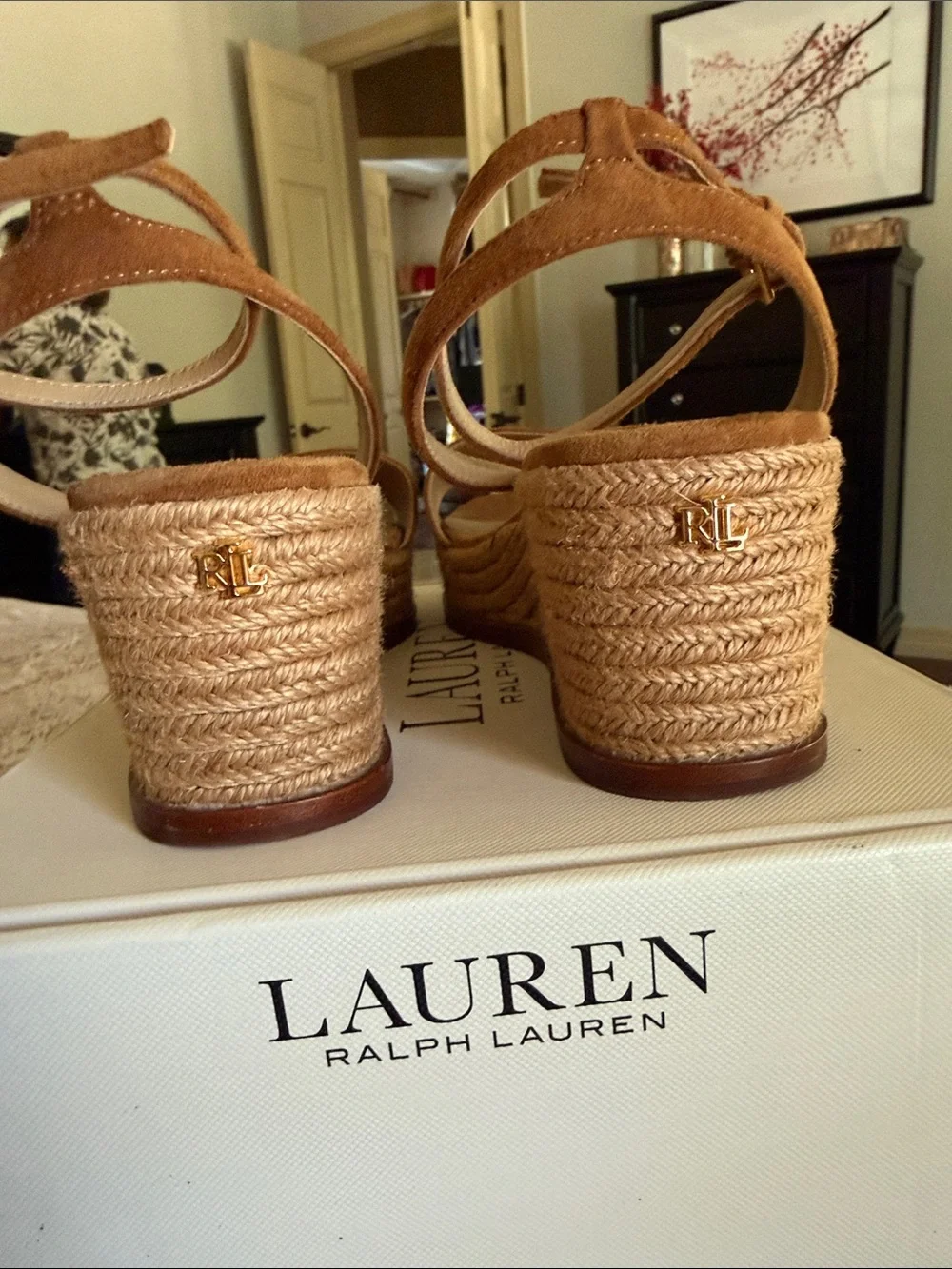 Lauren Ralph Lauren Leona Espadrille Wedge Sandals Brown Suede Size 8.5B